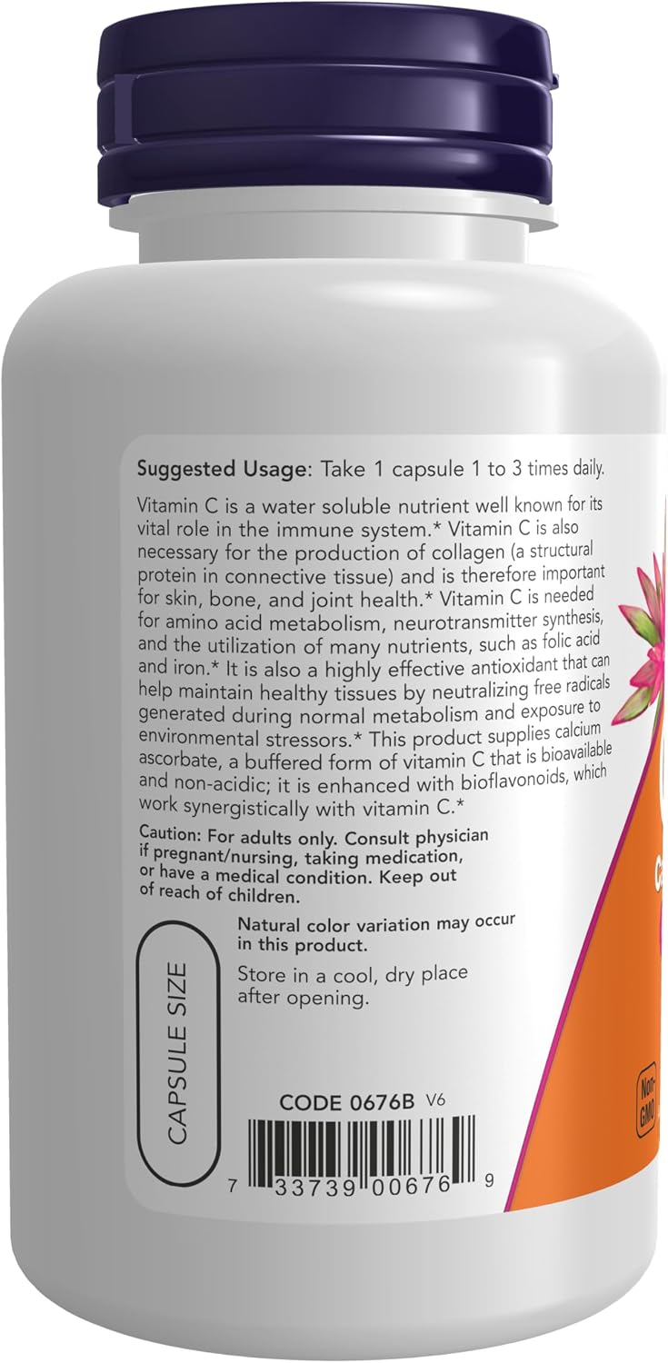 NOW Foods Vitamin C-500, Calcium Ascorbate with Bioflavonoids, 100 Vegan Capsules