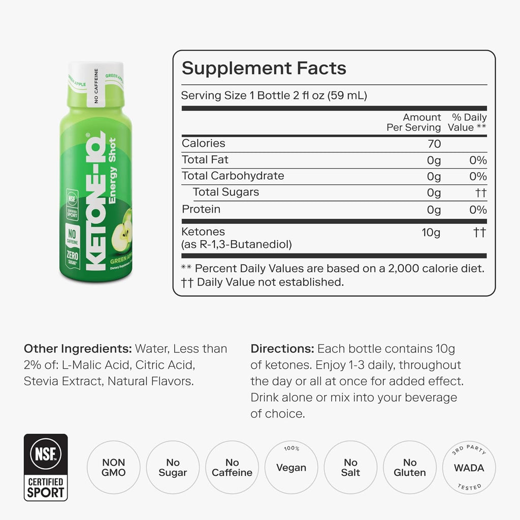 Ketone-IQ Shots de Cetonas Exógenas Sin Cafeína - Pack de 24 (Manzana Verde)