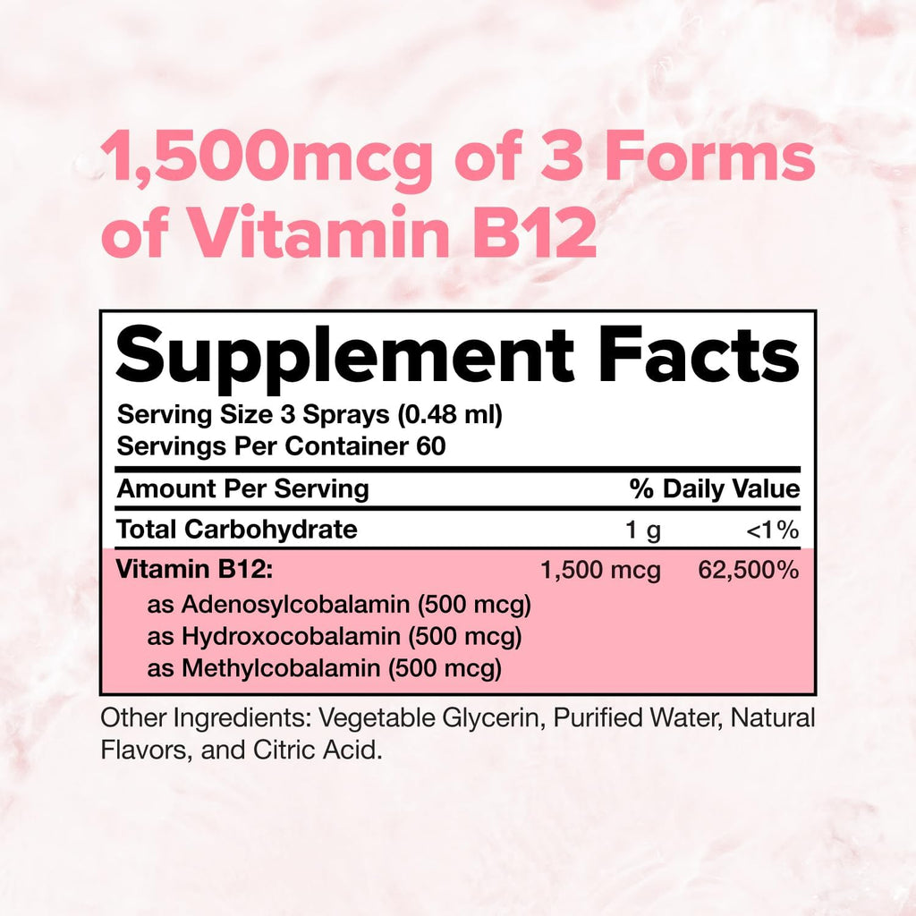 Complement Vegan Vitamin Triple B12 Liquid Spray - 1500 mcg B12 para Energía, Estado de Ánimo, Sistema Nervioso, Función Cognitiva para Niños y Adultos - Mezcla de Frambuesa Complejo B (60 Servicios)