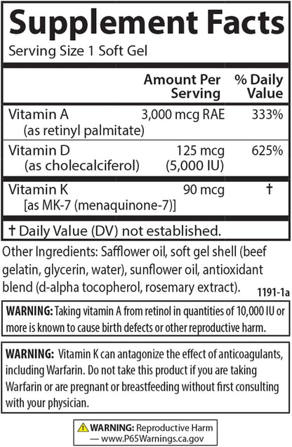 Carlson - Vitaminas A, D3, K2, 3000 mcg RAE Vitamina A, 125 mcg Vitamina D3, 90 mcg Vitamina K2 como MK-7, 120 Cápsulas – Image 4