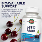 KAL Vitamina B-6 B-12 Ácido Fólico, 60 Pastillas - Metilcobalamina, Folato, Sin Gluten, Sabor Cereza Natural