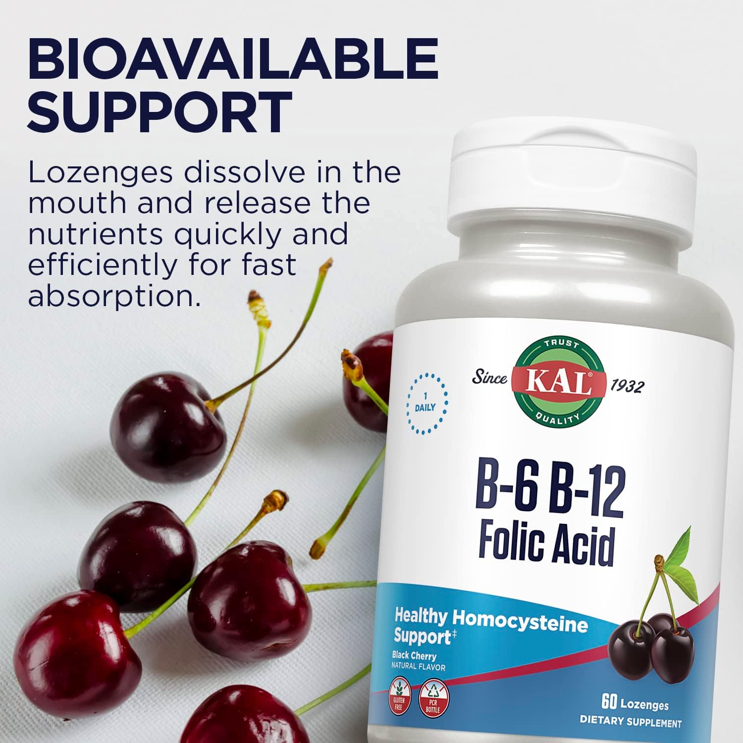KAL Vitamina B-6 B-12 Ácido Fólico, 60 Pastillas - Metilcobalamina, Folato, Sin Gluten, Sabor Cereza Natural