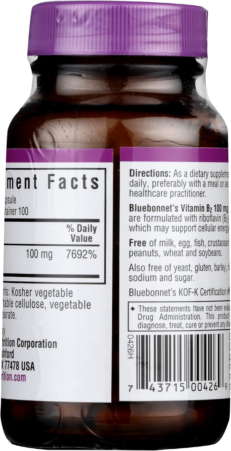 Bluebonnet Nutrition Vitamina B2 (Riboflavina) 100 mg - 100 Cápsulas Vegetales