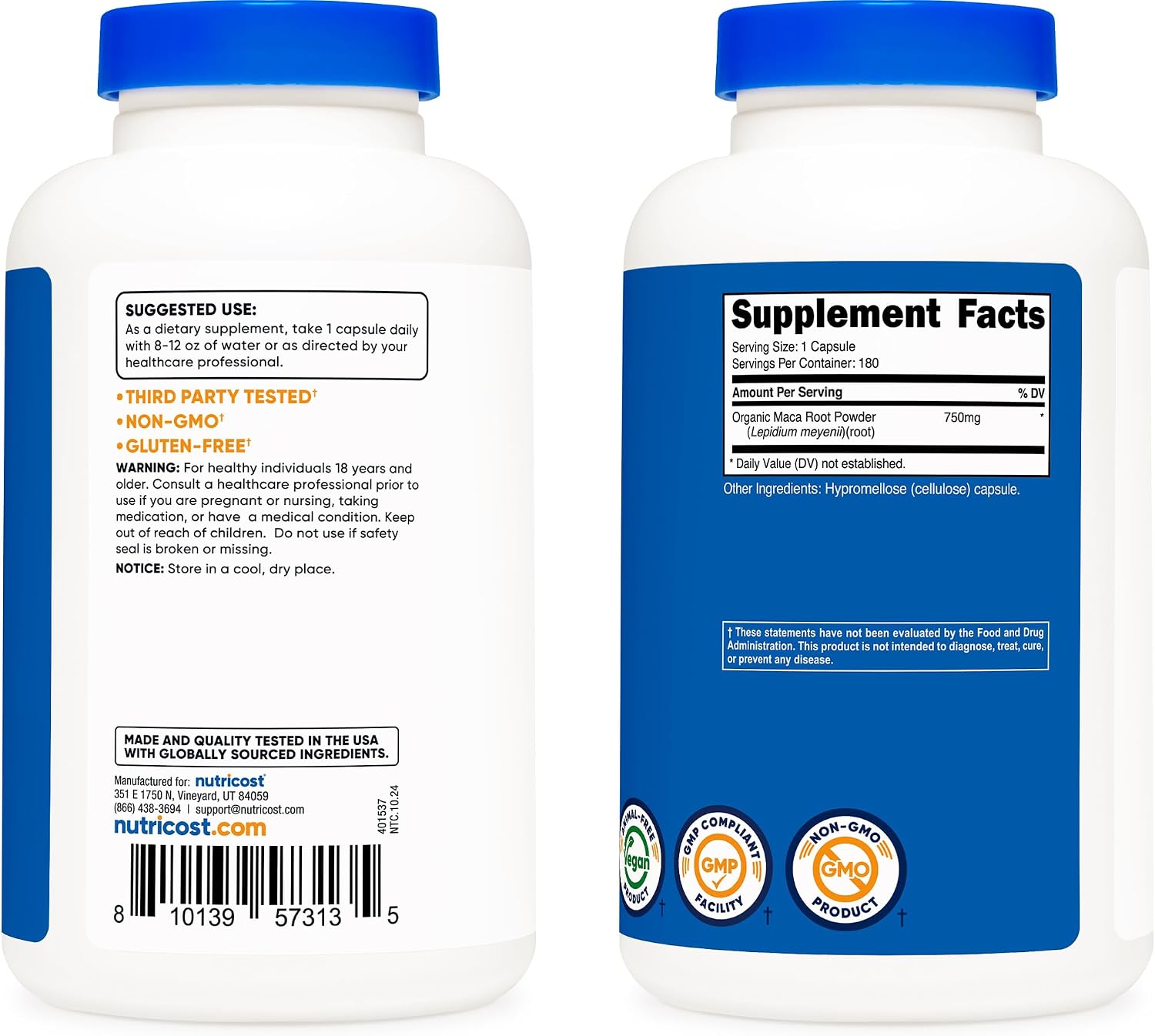 Organic Maca Root Capsules - Nutricost - 750mg, 180 Capsules