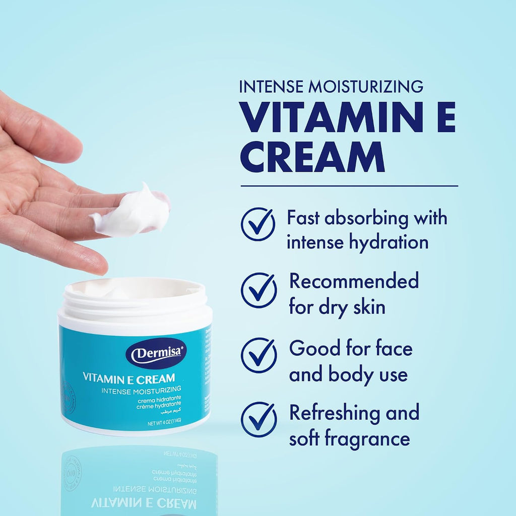 Dermisa Crema de Vitamina E con Manteca de Cacao, Colágeno, Elastina y Coenzima Q10 - Hidratante Intensa para Piel Seca y Madura, para Rostro y Cuerpo