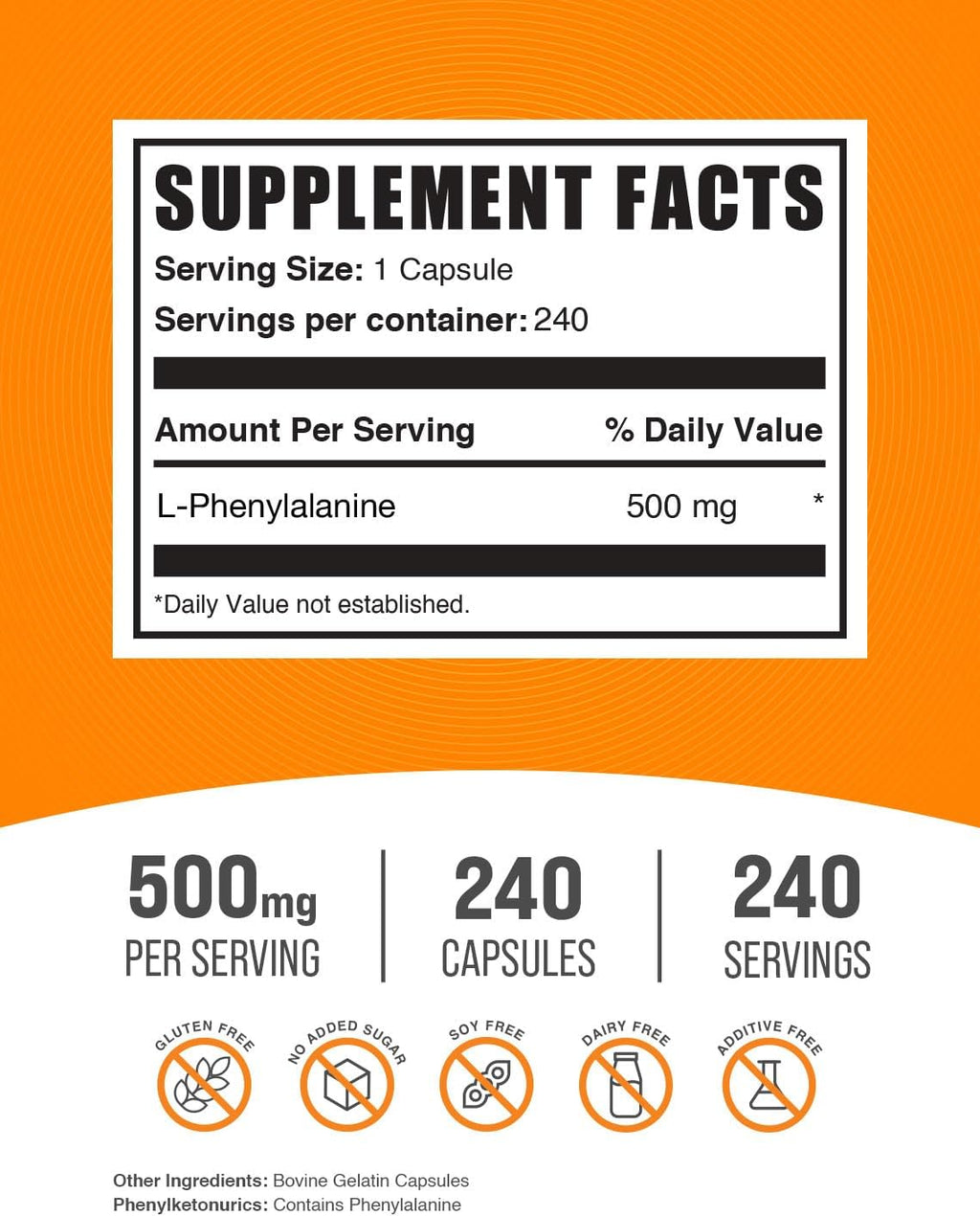 L-Fenilalanina 500 mg, 240 Cápsulas - BulkSupplements