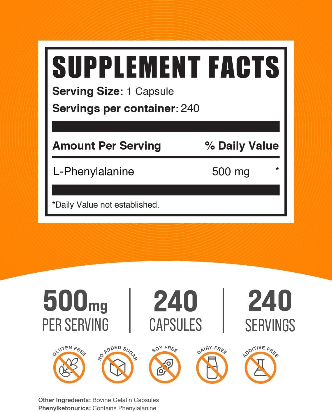 L-Fenilalanina 500 mg, 240 Cápsulas - BulkSupplements