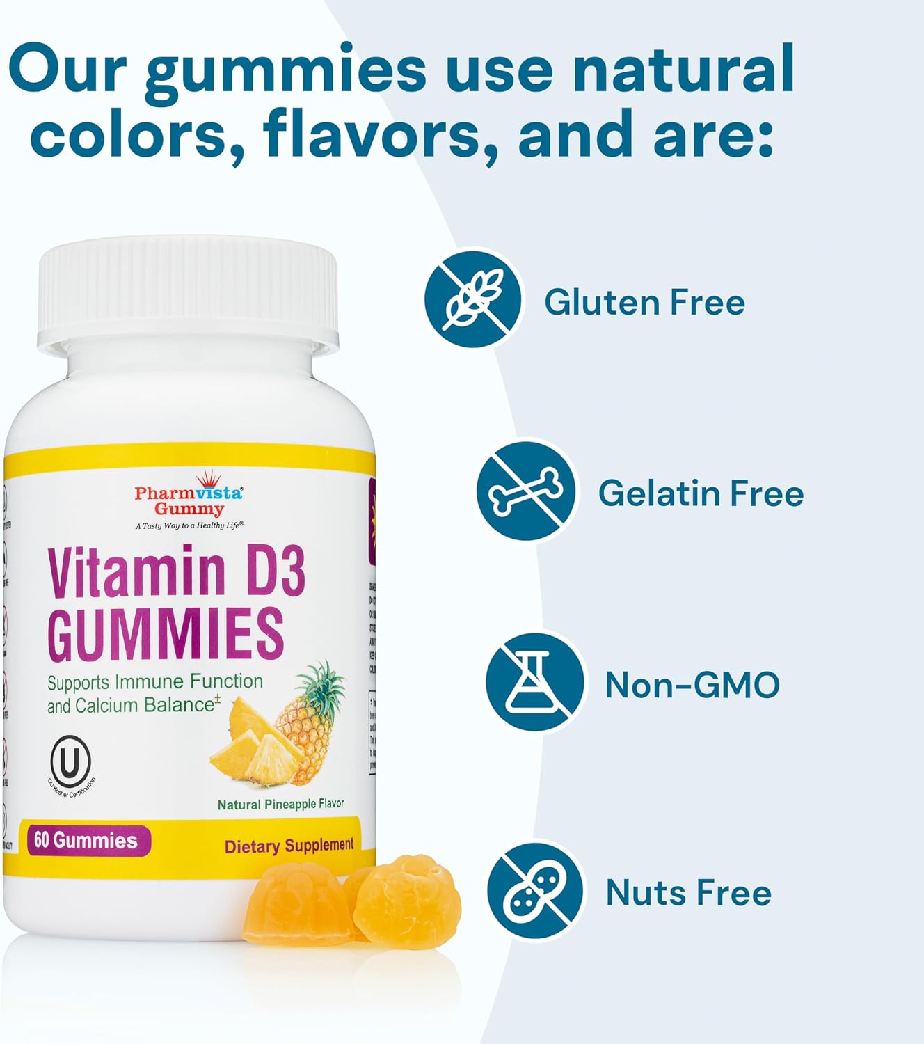 Vitamin D3 Gummies - Gomitas de Vitamina D3 1000 UI, 60 unidades, Sabor Piña