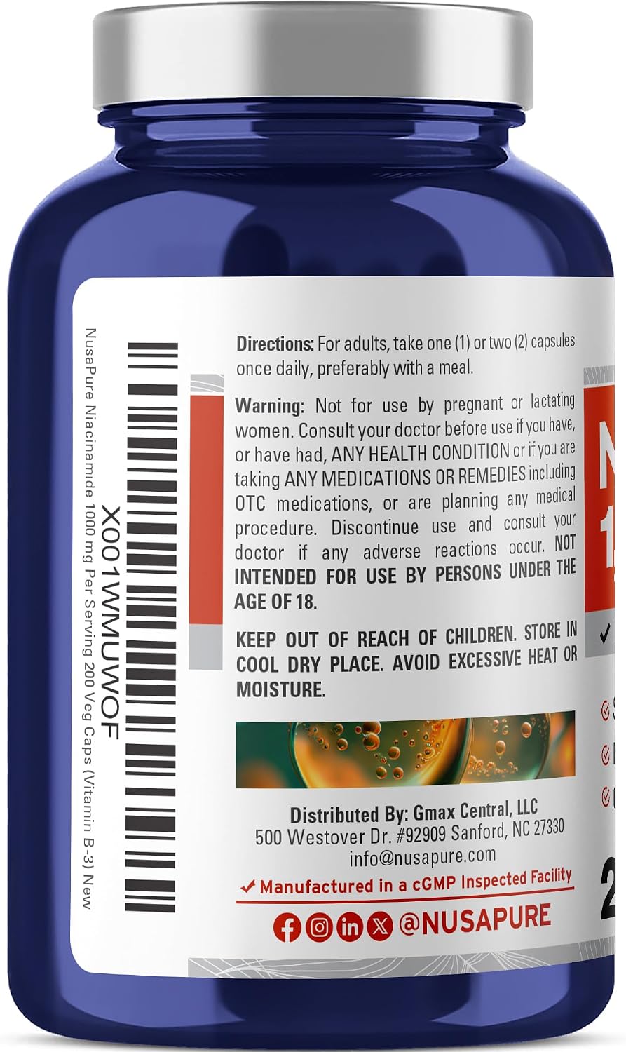 Niacinamida 1000mg 200 Cápsulas Vegetales - NusaPure - Sin Enrojecimiento