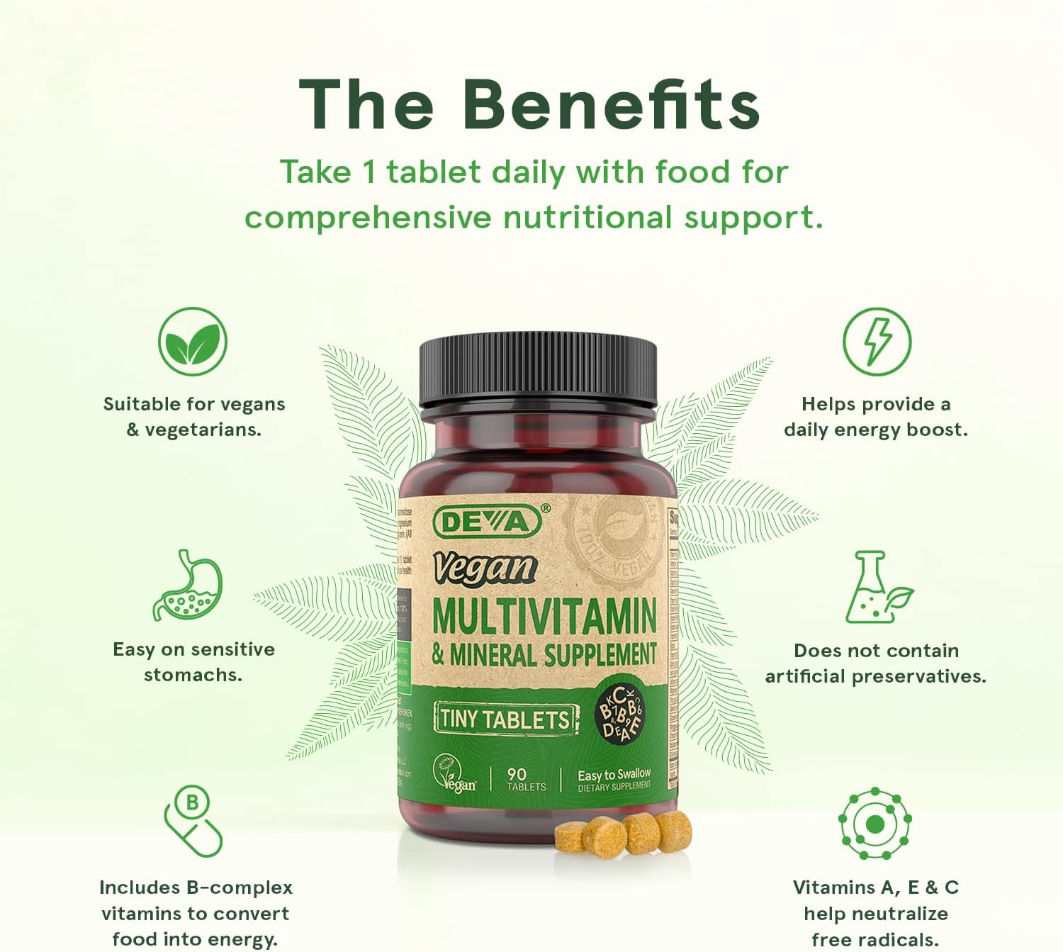 DEVA Mini Comprimidos Multivitamínico Vegano para Hombres y Mujeres (2 Paquetes, 90 Comprimidos cada uno) con Hierro, Vitamina C, E, Complejo B y Zinc