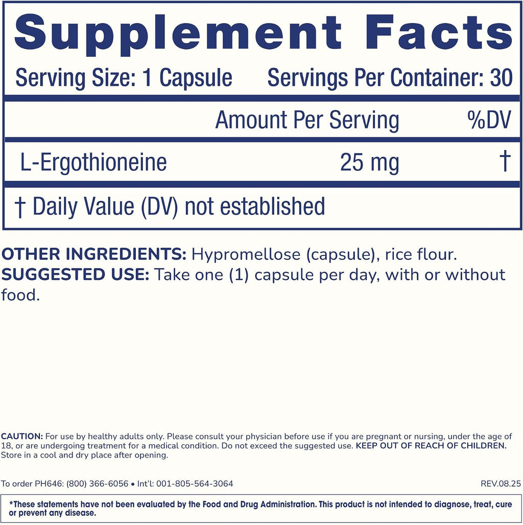 ProHealth Ergothioneine 5X Strength. 25mg Dosis Clínica. Aminoácido Natural de Hongos para Cognición y Salud Cardíaca. 30 Cápsulas