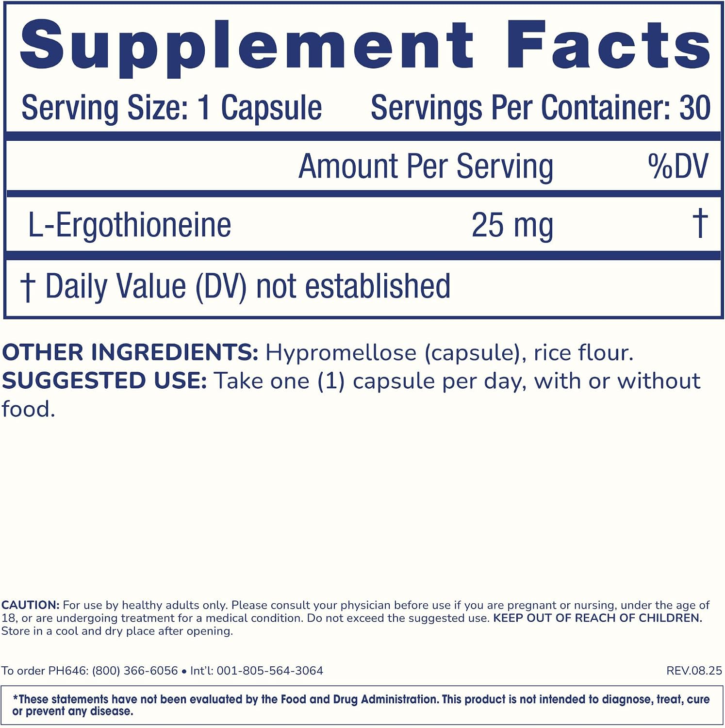 ProHealth Ergothioneine 5X Strength. 25mg Dosis Clínica. Aminoácido Natural de Hongos para Cognición y Salud Cardíaca. 30 Cápsulas