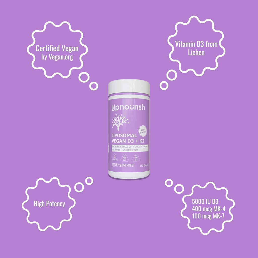 UpNourish Vitamina D3 y K2 Vegana, 5000 UI D3 + 500 mcg K2 (MK4 y MK7), 150 Cápsulas Blandas - Fórmula Liposomal con Aceite de Coco Orgánico