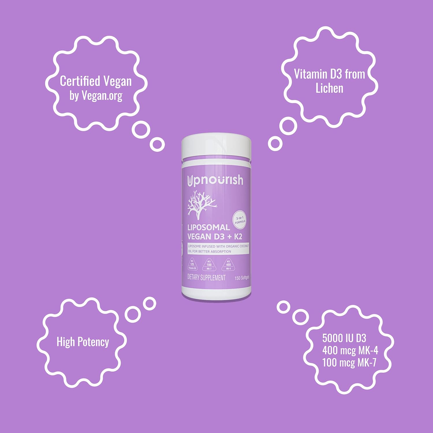 UpNourish Vitamina D3 y K2 Vegana, 5000 UI D3 + 500 mcg K2 (MK4 y MK7), 150 Cápsulas Blandas - Fórmula Liposomal con Aceite de Coco Orgánico