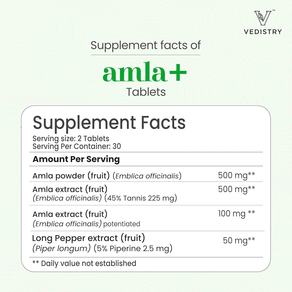 Vedistry Amla Suplemento 1100mg Grosella India con Pimienta Larga para Inmunidad y Energía - 60 Comprimidos