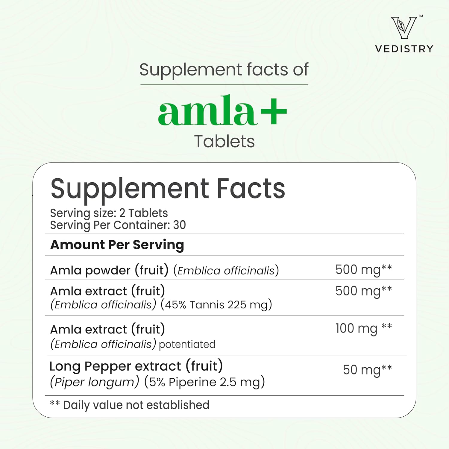 Vedistry Amla Suplemento 1100mg Grosella India con Pimienta Larga para Inmunidad y Energía - 60 Comprimidos