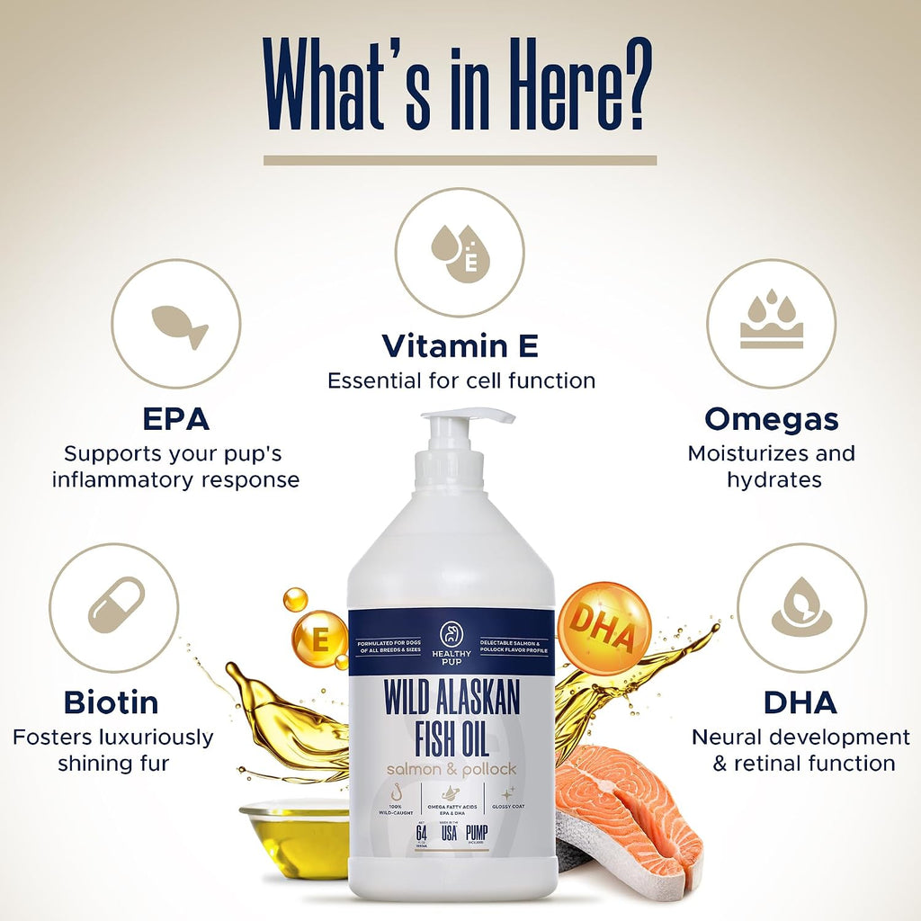 Aceite de Salmón Salvaje de Alaska y Abadejo para Perros - 64 oz (1.89 L) - Omega 3, EPA y DHA - Suplemento para Piel y Pelaje