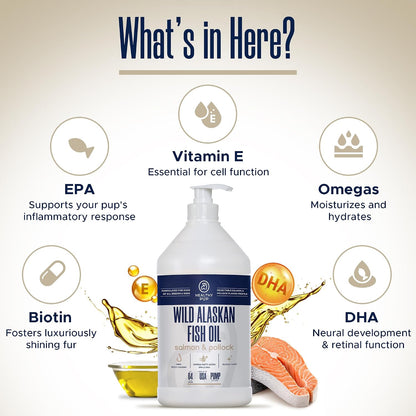 Aceite de Salmón Salvaje de Alaska y Abadejo para Perros - 64 oz (1.89 L) - Omega 3, EPA y DHA - Suplemento para Piel y Pelaje