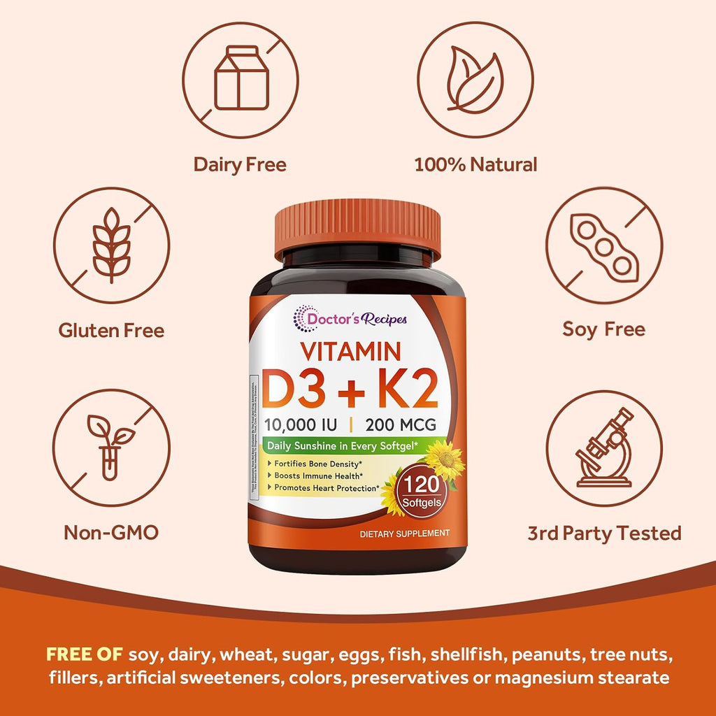 Doctor's Recipes Vitamina D3 + K2, 10.000 UI, 200 mcg MK-7, 120 Cápsulas Blandas