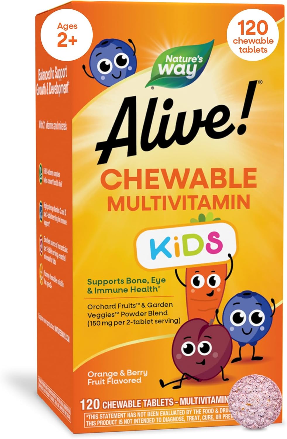 Nature's Way Alive! Multivitamínico masticable para niños con frutas y verduras, sabor cereza, 120 comprimidos