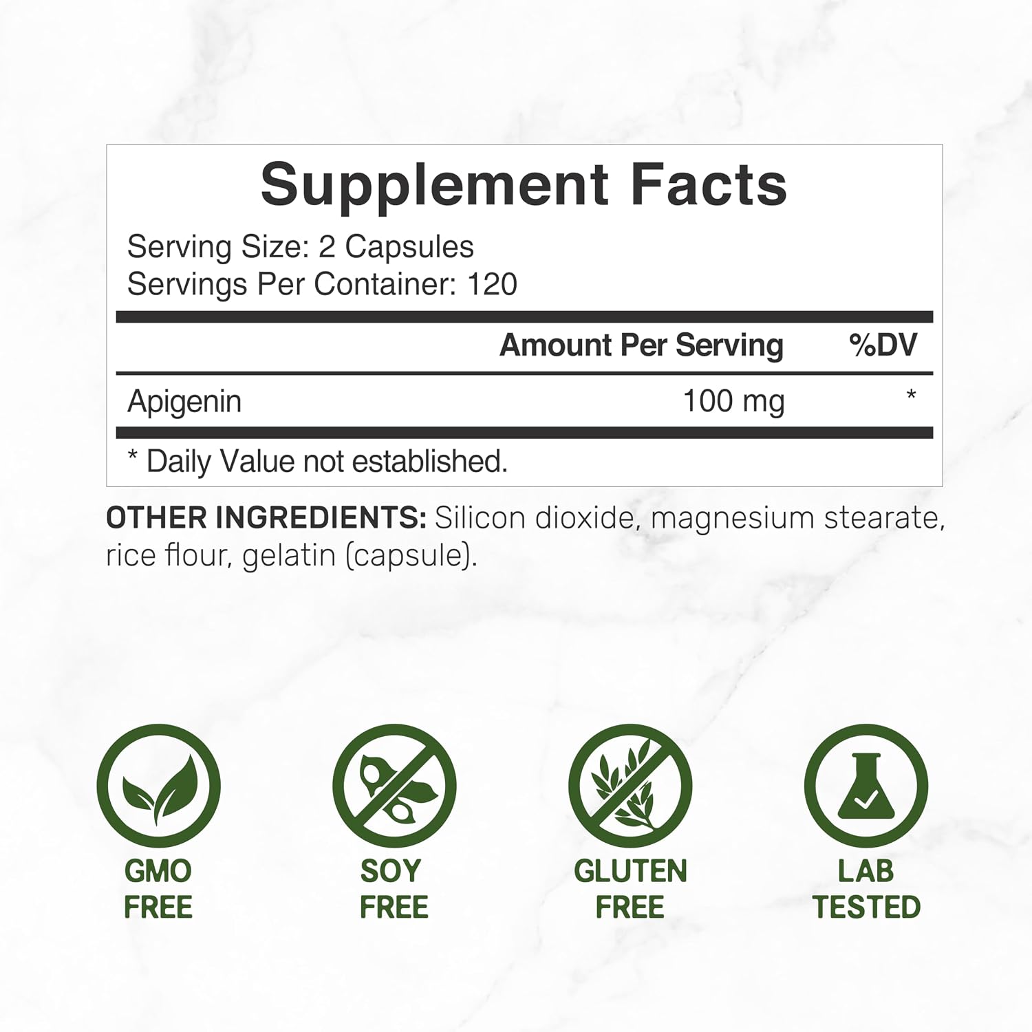 Apigenina, 100mg por dosis, 240 Cápsulas – Extracto Vegetal de Manzanilla – Bioflavonoides y Antioxidantes – Suplemento para Sueño y Relajación – No GMO