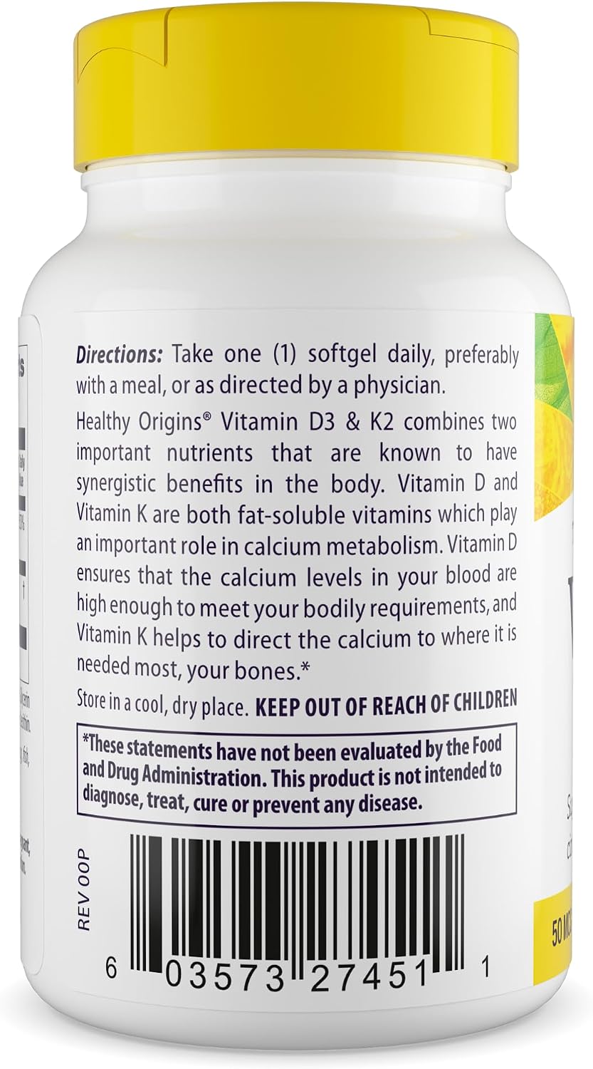 Healthy Origins Vitamina D3 y K2 - 50 mcg D3, 200 mcg K2 - 60 Cápsulas Blandas