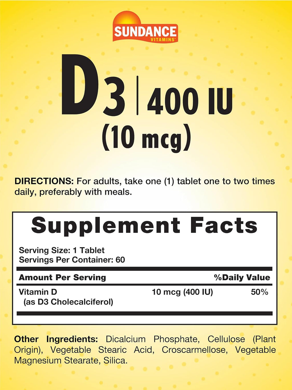 Sundance Vitamina D3 400 UI (10 mcg) - 60 Comprimidos Vegetarianos