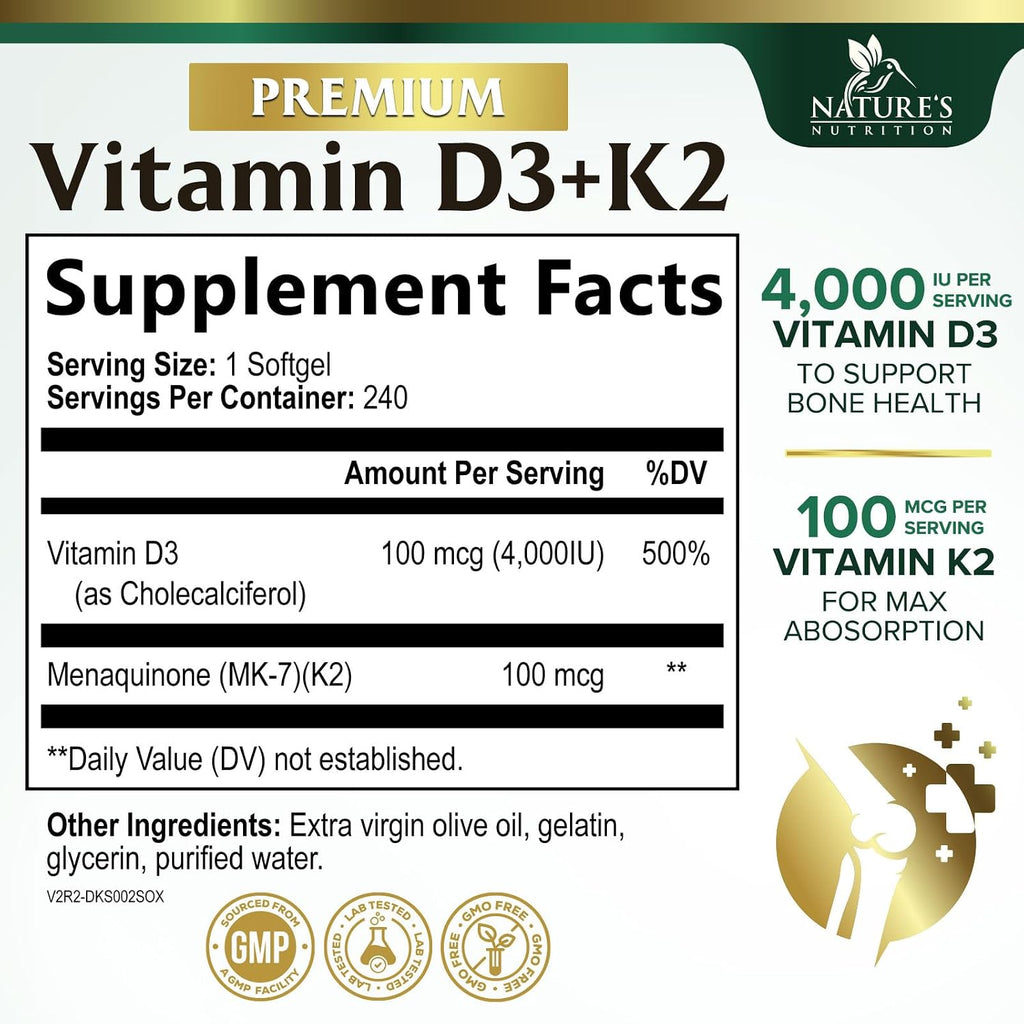 Vitamina D3 4000 UI + K2 (MK-7) 100 mcg - Suplemento 2 en 1 para Huesos, Corazón e Inmunidad - 240 Cápsulas Blandas