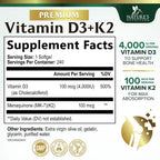 Vitamina D3 4000 UI + K2 (MK-7) 100 mcg - Suplemento 2 en 1 para Huesos, Corazón e Inmunidad - 240 Cápsulas Blandas