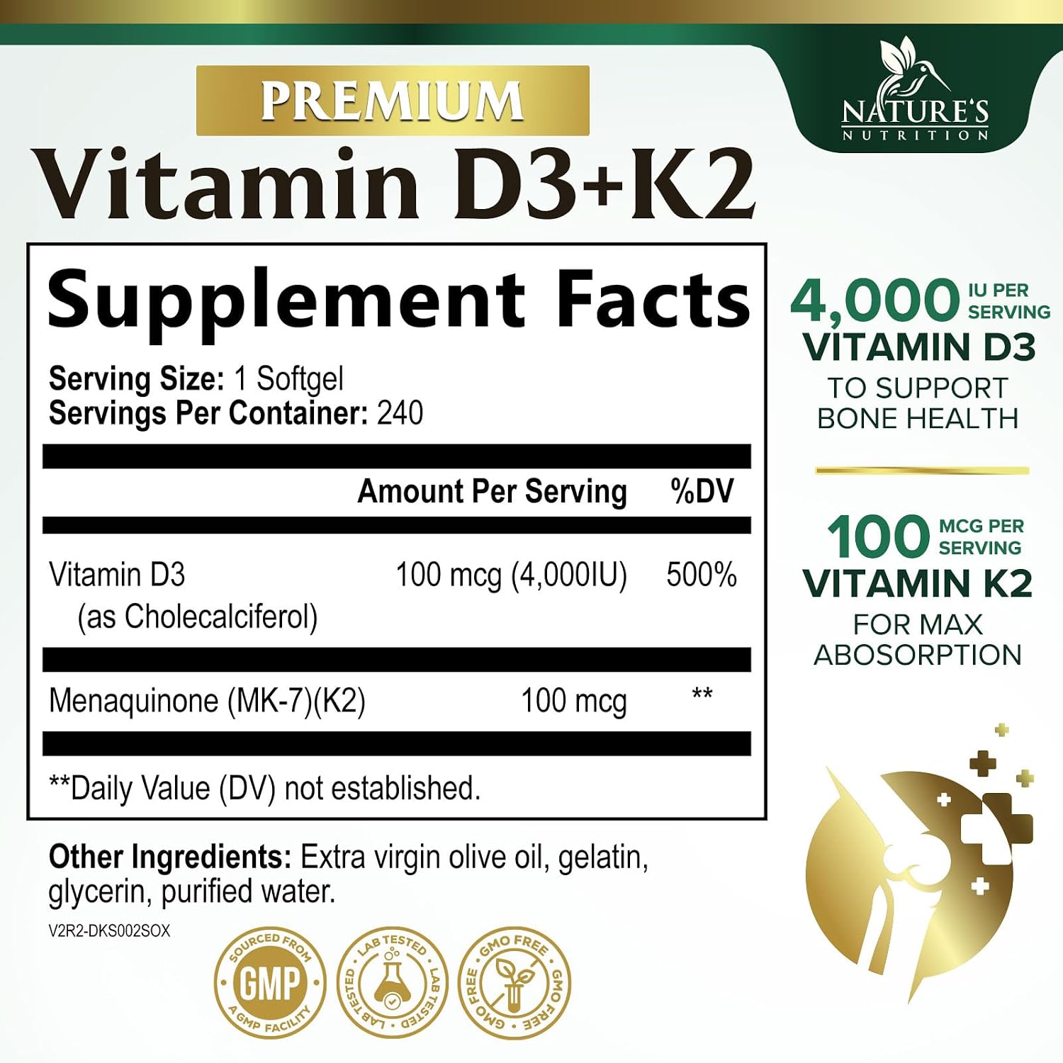 Vitamina D3 4000 UI + K2 (MK-7) 100 mcg - Suplemento 2 en 1 para Huesos, Corazón e Inmunidad - 240 Cápsulas Blandas