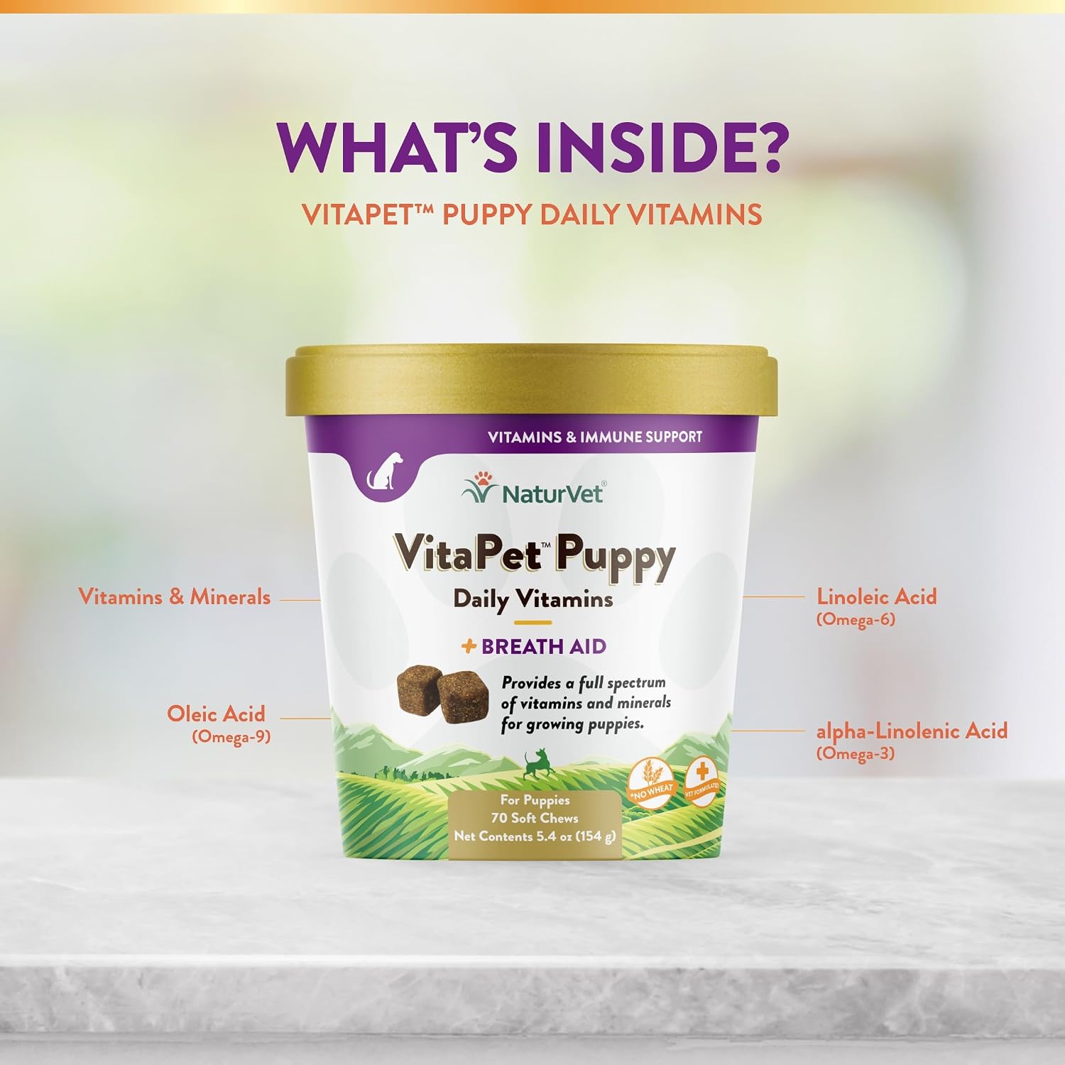 NaturVet VitaPet Multivitamínico Diario para Cachorros con Soporte para el Aliento (70 masticables suaves)