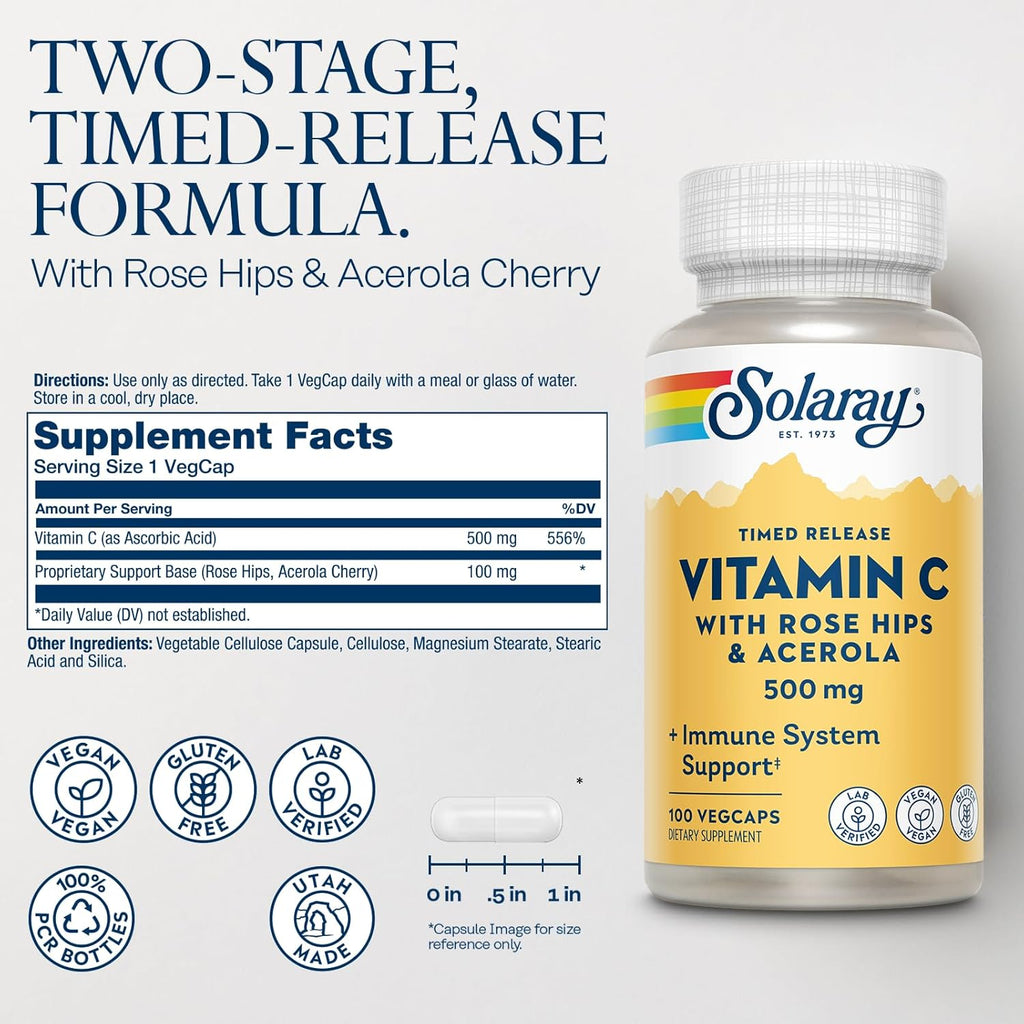 Solaray Vitamin C 500 mg with Rose Hips - Sustained Release Capsules, 100 Count