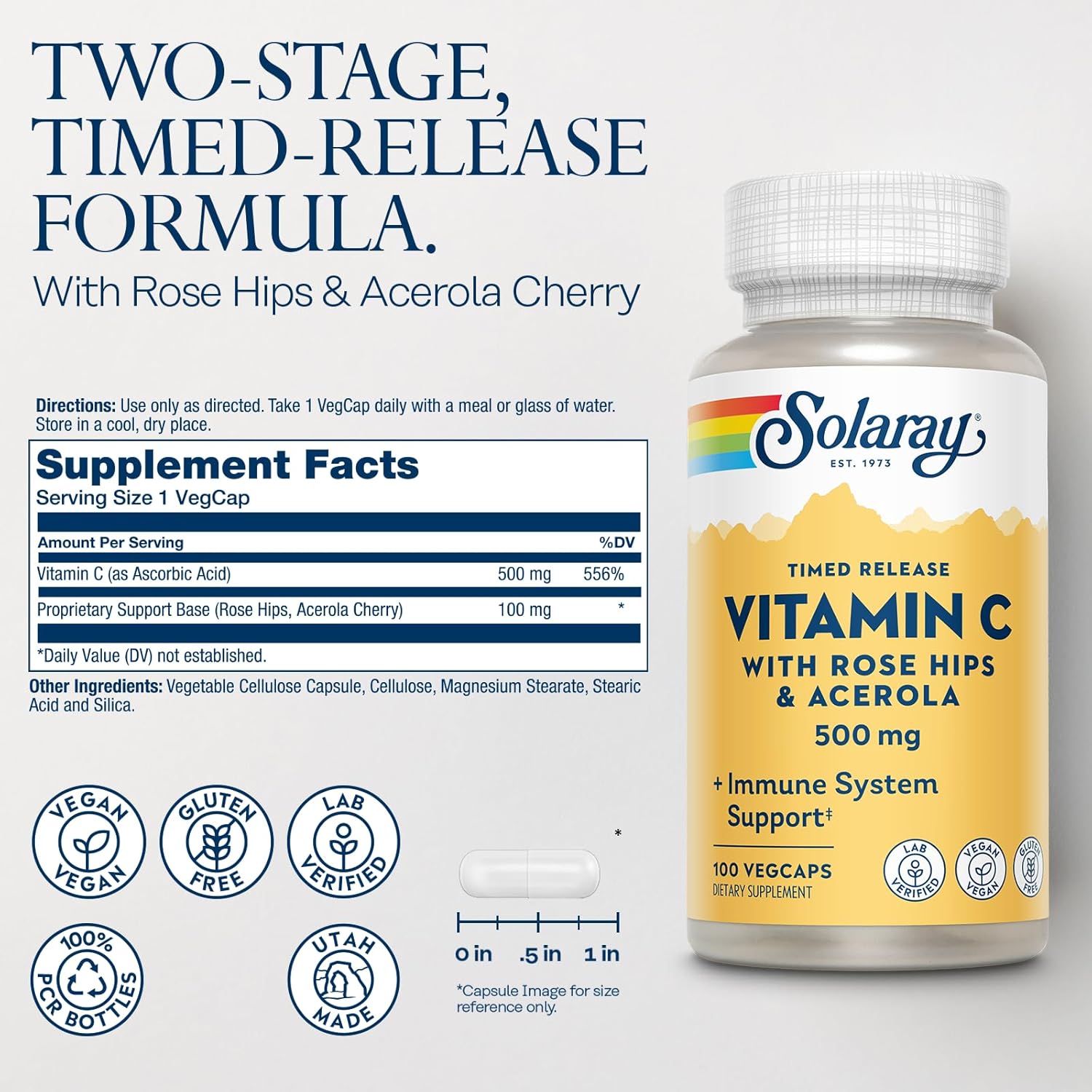 Solaray Vitamin C 500 mg with Rose Hips - Sustained Release Capsules, 100 Count