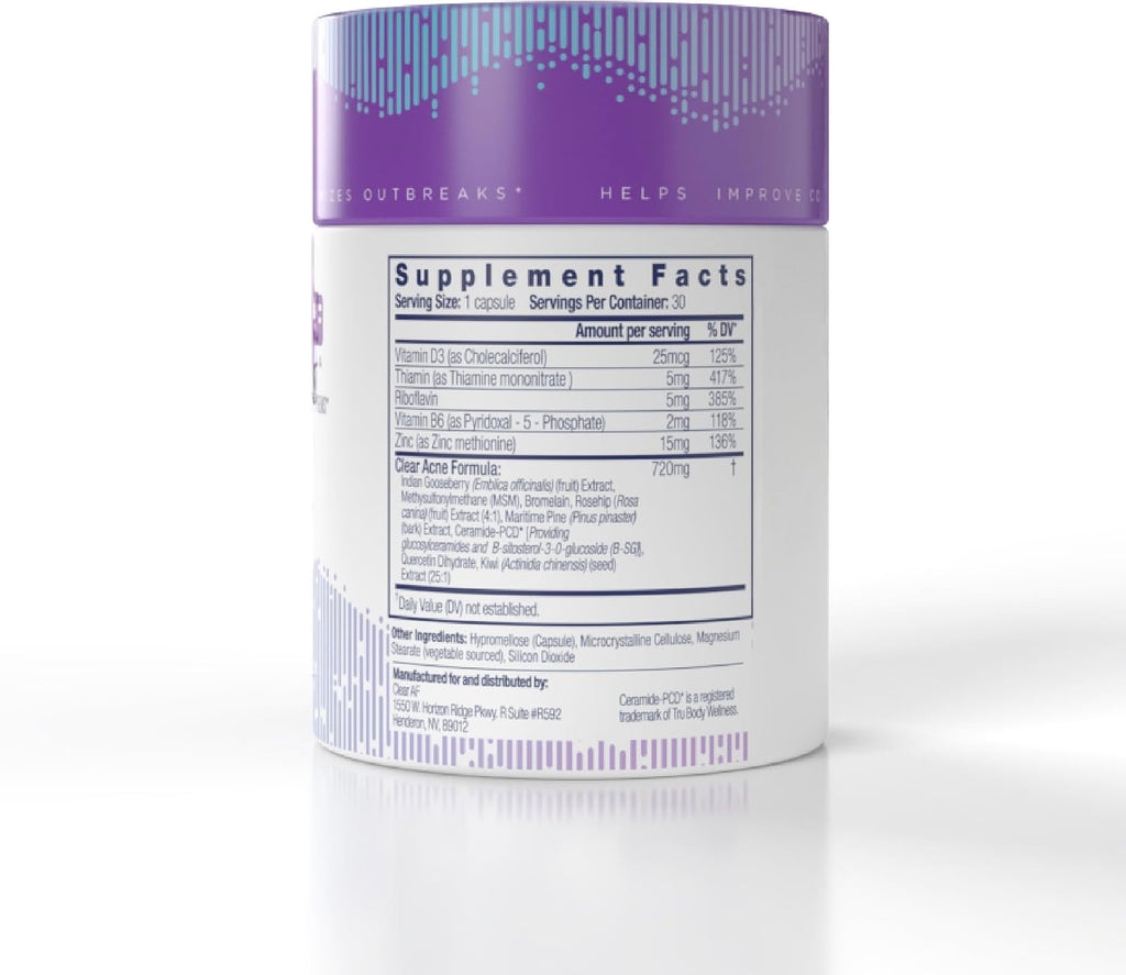 Clear AF Clear Skin Supplement – Apoyo para la Barrera Cutánea, Hidratación y Complexión Saludable con Ceramidas Veganas, Zinc, Vitamina D3, B6, Riboflavina y Tiamina – Cápsulas Veganas – 30 Días