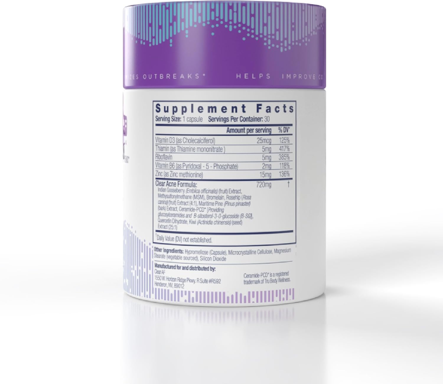 Clear AF Clear Skin Supplement – Apoyo para la Barrera Cutánea, Hidratación y Complexión Saludable con Ceramidas Veganas, Zinc, Vitamina D3, B6, Riboflavina y Tiamina – Cápsulas Veganas – 30 Días