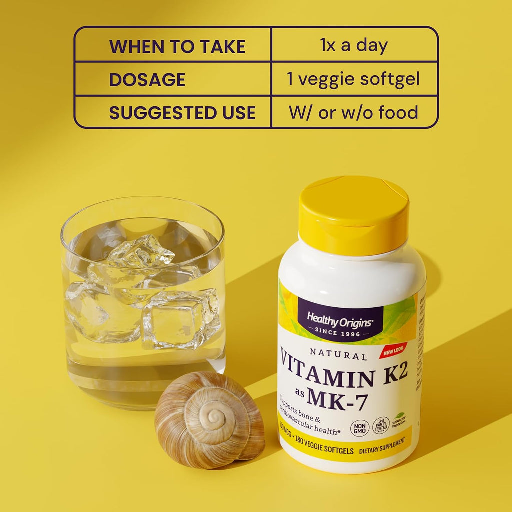Healthy Origins Vitamina K2 100 mcg (MK-7, No OGM, Sin Gluten, Apoyo Cardiovascular y Óseo), 180 Cápsulas Vegetales