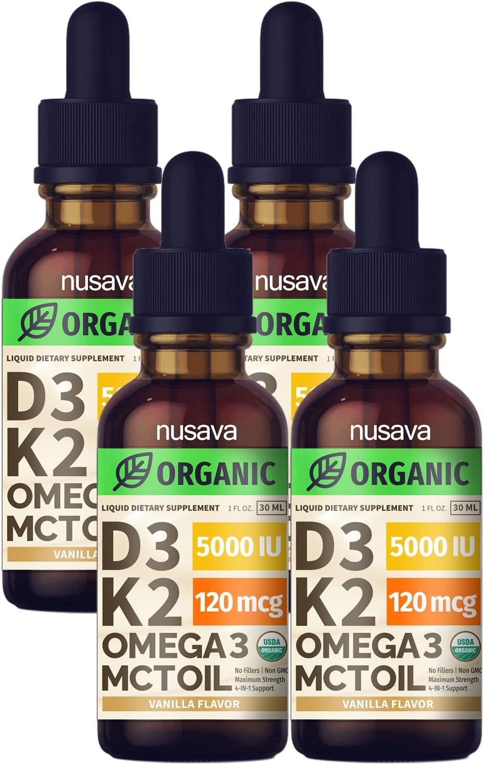 NUSAVA Gotas de Vitamina D3 y K2 con MCT Oil y Omega 3 - 5000 IU D3, 120 mcg K2 - 4 unidades
