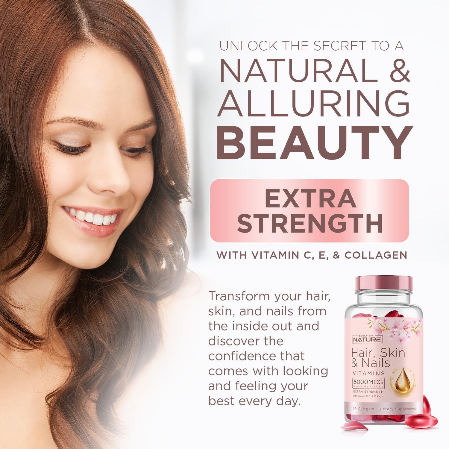 Built by Nature Vitaminas para Cabello, Piel y Uñas, 120 Cápsulas Blandas