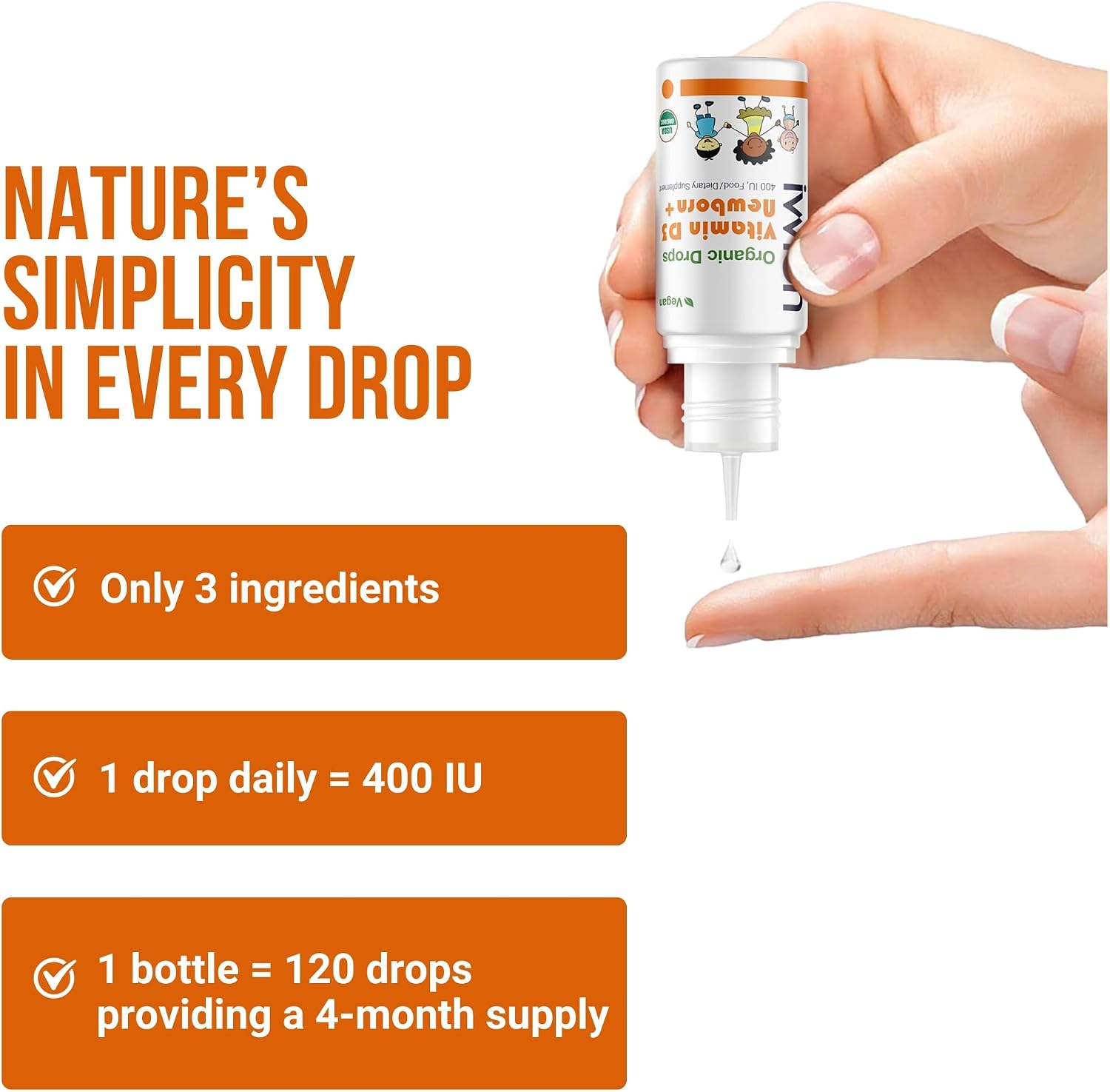 Gotas de Vitamina D3 Orgánica Vegana para Bebés – 400 UI, 120 dosis