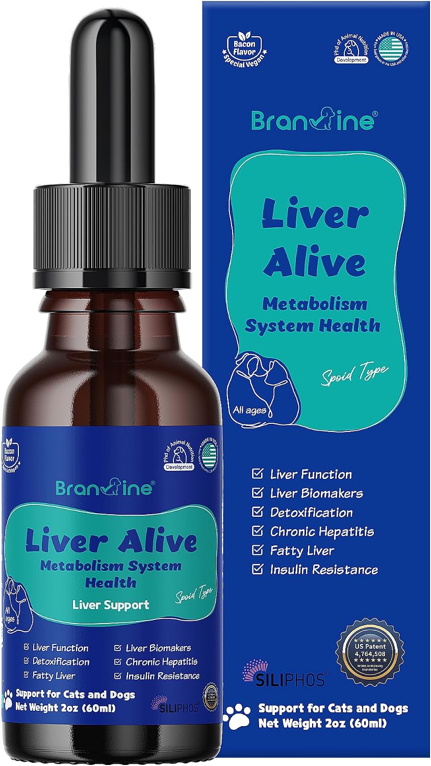 Branvine Liver Alive Metabolism System Health for Dogs and Cats - Función, Hígado graso, Detox, Hepatitis Crónica con SILIPHOS®, TUDCA, SAMe Sabor a Bacon Vegano (60 ml)