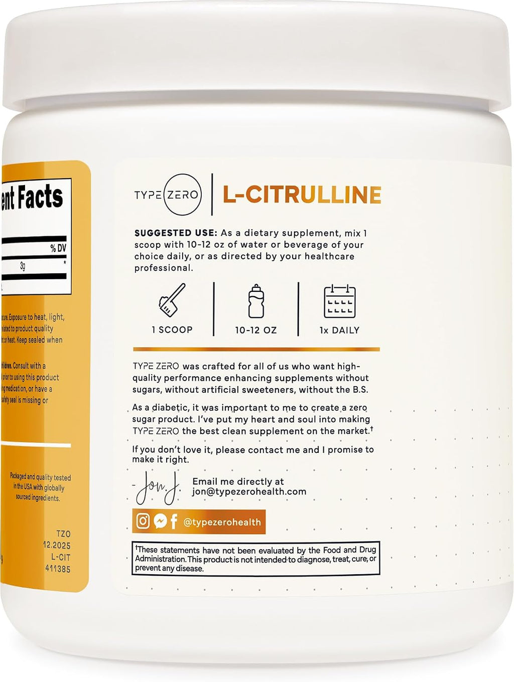 Type Zero L-Citrulina Base en Polvo, 3.000 mg por ración - 100 raciones
