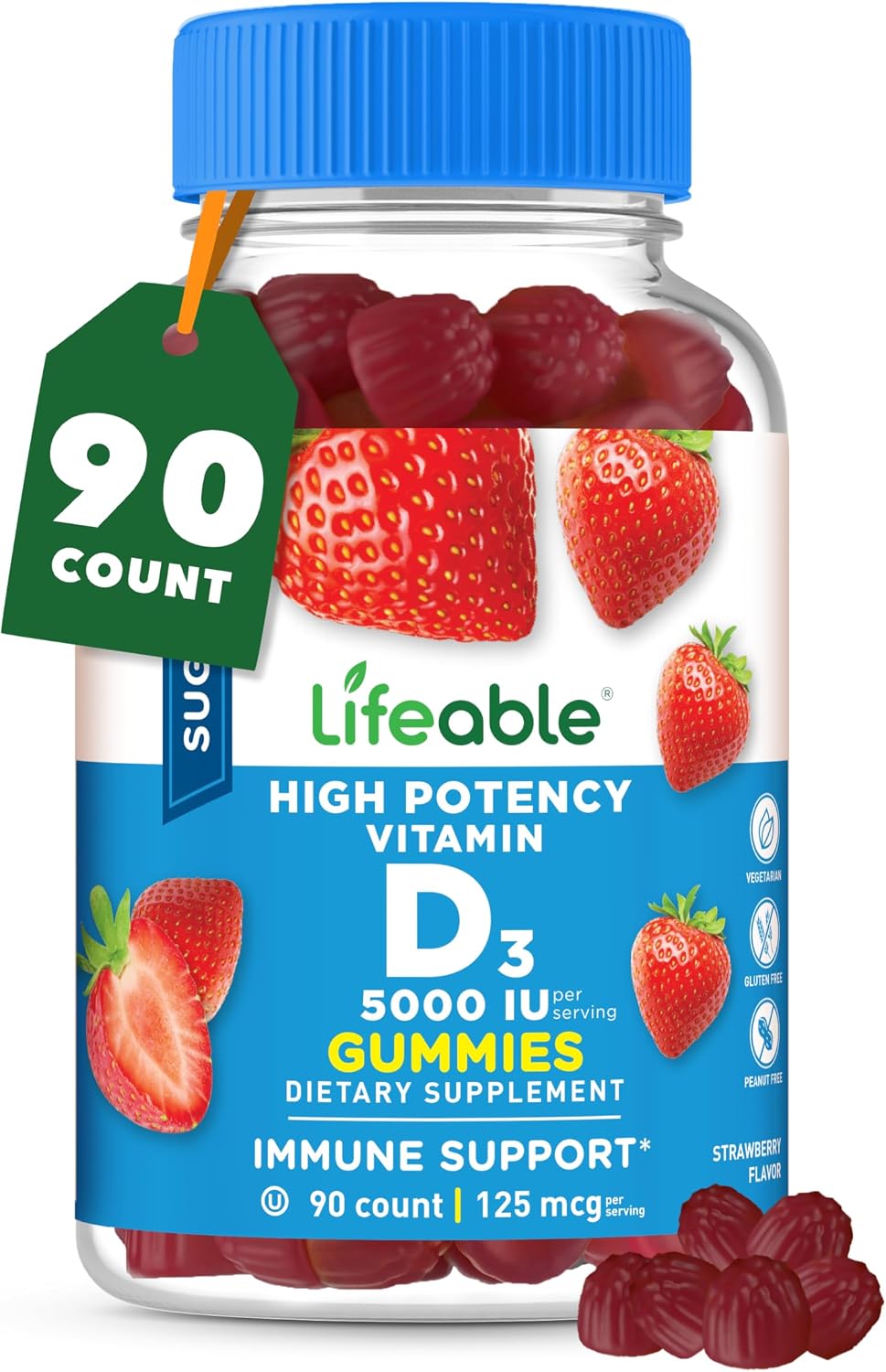 Lifeable Vitamina D3 5000 IU Sin Azúcar - Gomitas con Sabor Natural a Fresa - 90 Unidades