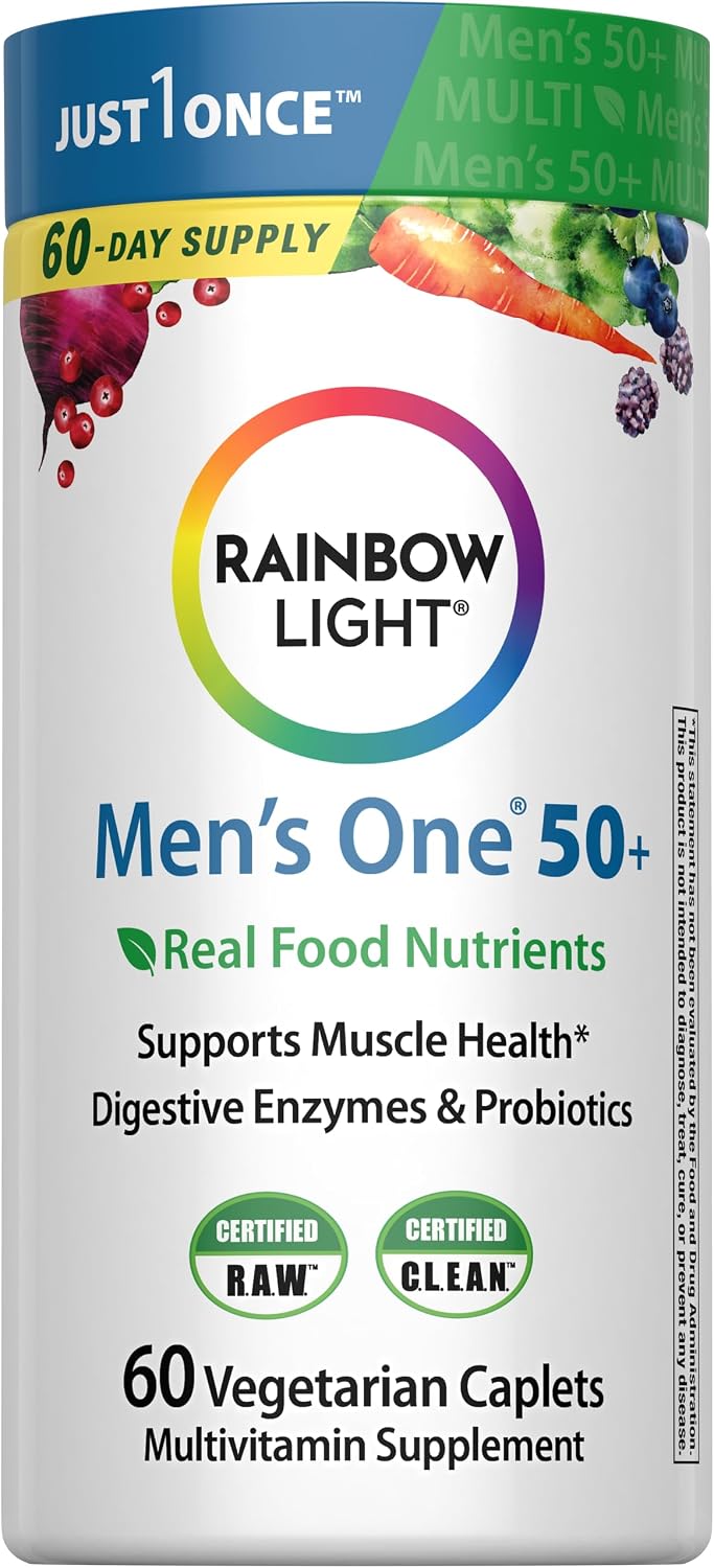 Rainbow Light Multivitamínico One+ para Hombres 50+ | 60 Comprimidos | Apoya la Salud Muscular | con Vitaminas C, D y Zinc | Alimentos Reales, Enzimas Digestivas y Probióticos