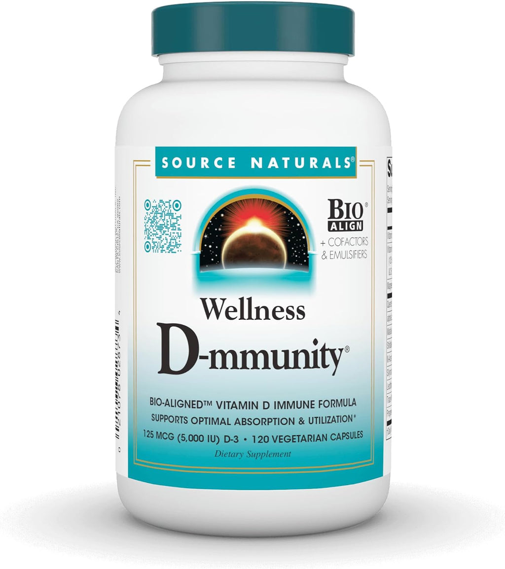 Source Naturals Wellness D-mmunity, Fórmula Inmune de Vitamina D Bio-Alineada, 5000 UI D3 + 1000 UI D2 - 120 Cápsulas Vegetarianas