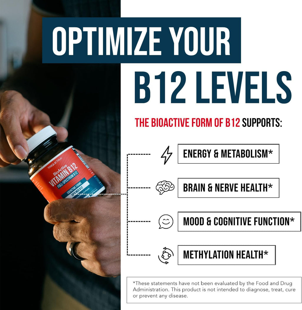 BioActive Vitamin B12 - 1000 mcg con Metilfolato, 3 Formas Coenzimáticas - Vegano, Sin OGM