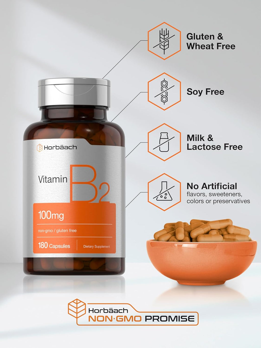 Horbäach Vitamina B2 100mg | 180 Cápsulas | Suplemento de Riboflavina