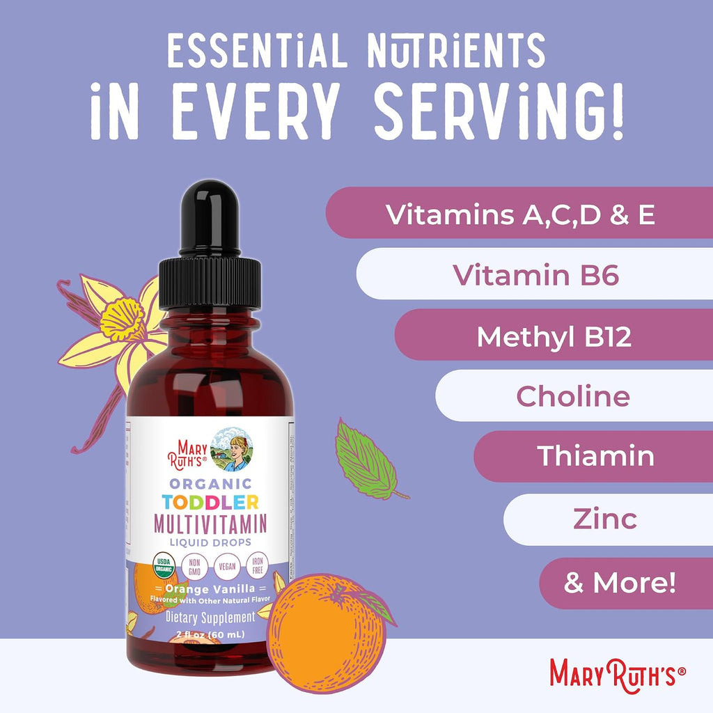 MaryRuth's Multivitamínico para Niños Pequeños | Vitaminas A C D E B6 B12 Zinc | Crecimiento Saludable | Inmunidad | Huesos | Función Cognitiva | Orgánico | Sin Azúcar | Vegano | No-GMO | 2 Fl Oz | 30 Días
