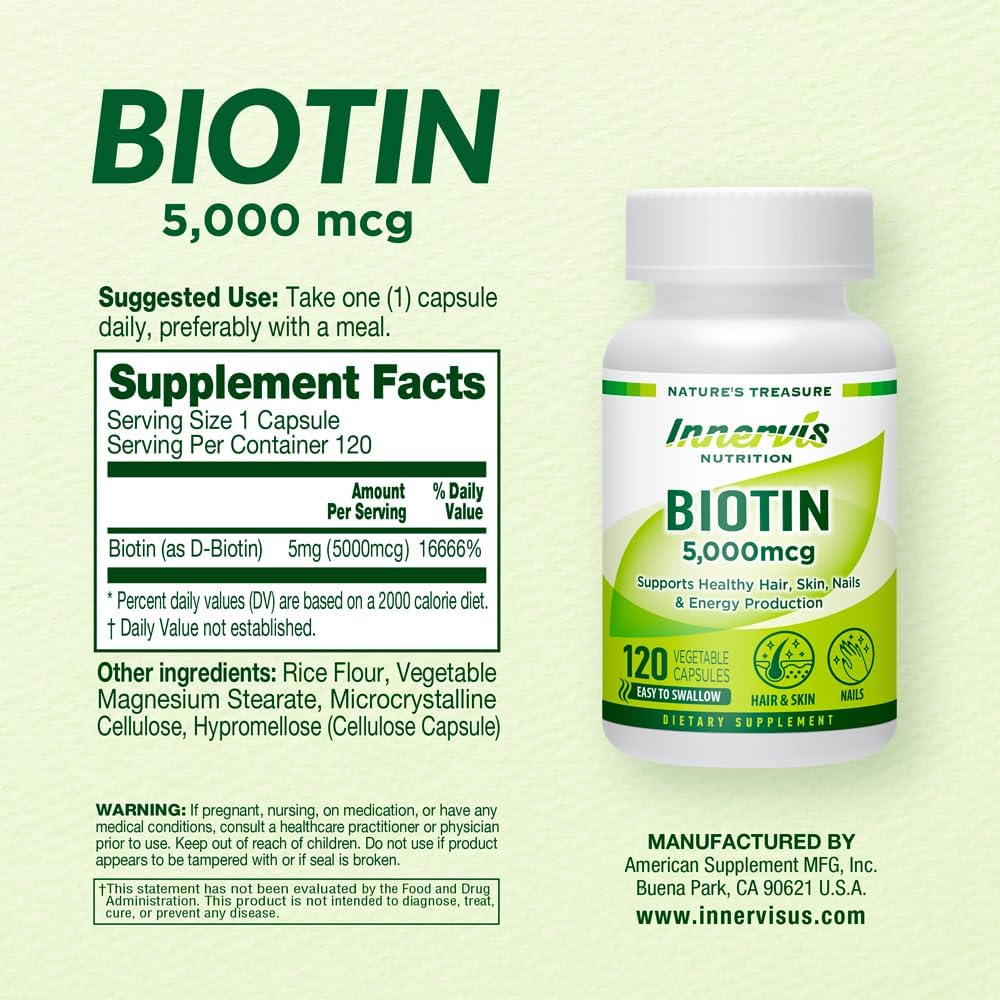 INNERVISNUTRITION Biotina de Alta Potencia 5000mcg – Contribuye al Mantenimiento del Cabello, Piel y Uñas, 120 Cápsulas Veganas