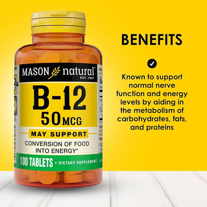Mason Natural Vitamina B12 50 mcg con Calcio – Funcionamiento normal del sistema nervioso: Mantiene la salud de – Image 2