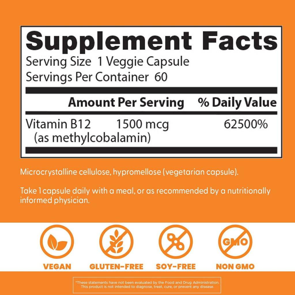 Doctor's Best B12 1500 mcg - Metilcobalamina Activa - 60 Cápsulas Veganas
